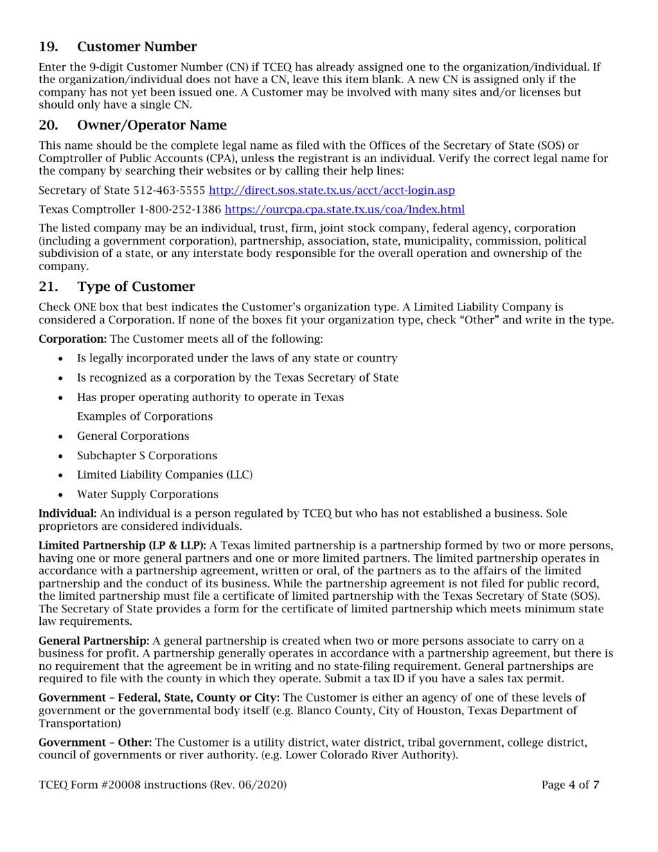 Instructions for Form TCEQ-20008 Application to Claim a Permit by Rule for a Special Collection Route - Texas, Page 4