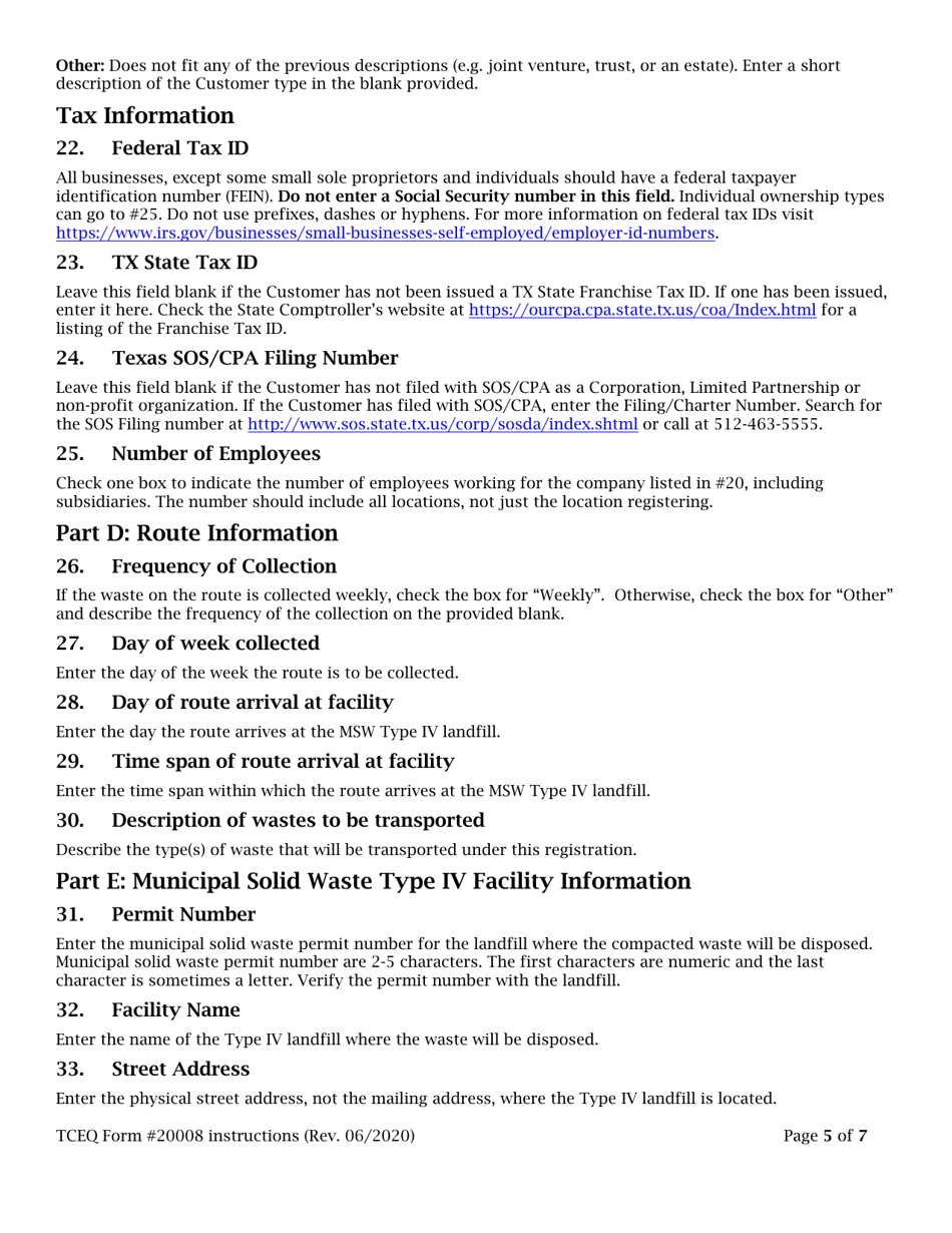 Instructions for Form TCEQ-20008 Application to Claim a Permit by Rule for a Special Collection Route - Texas, Page 5