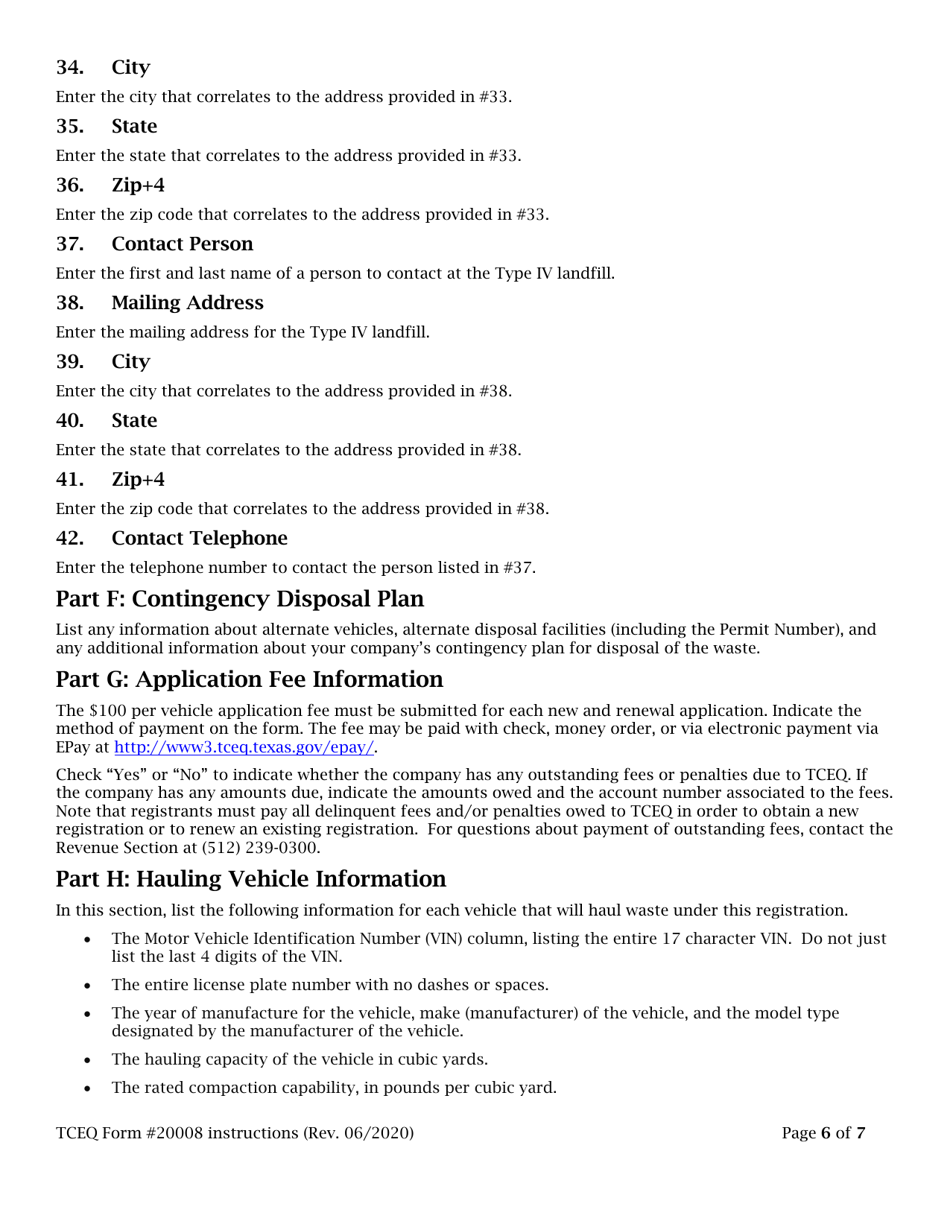 Instructions for Form TCEQ-20008 Application to Claim a Permit by Rule for a Special Collection Route - Texas, Page 6
