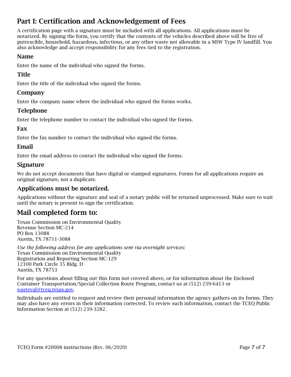 Instructions for Form TCEQ-20008 Application to Claim a Permit by Rule for a Special Collection Route - Texas, Page 7