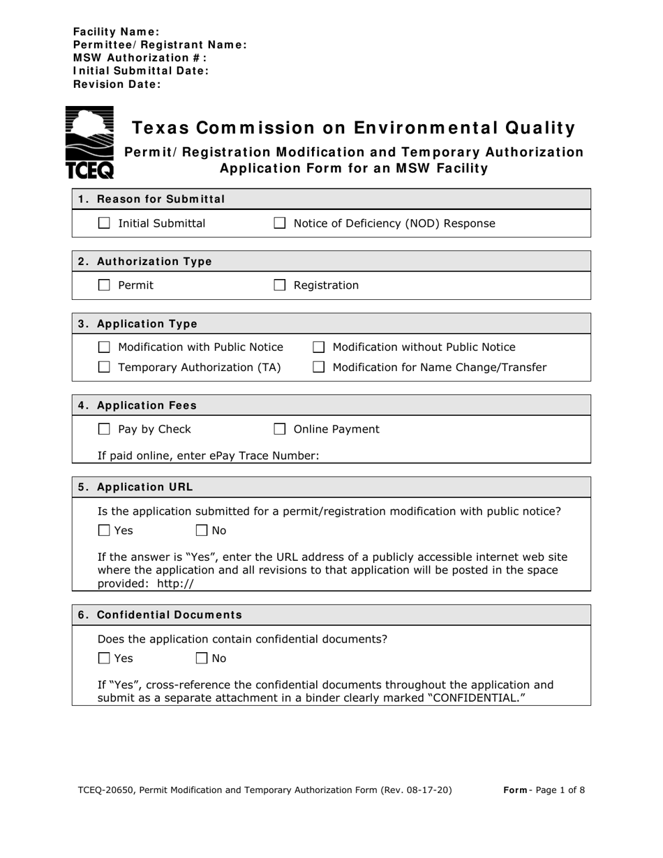 Form TCEQ-20650 Permit / Registration Modification and Temporary Authorization Application Form for an Msw Facility - Texas, Page 1