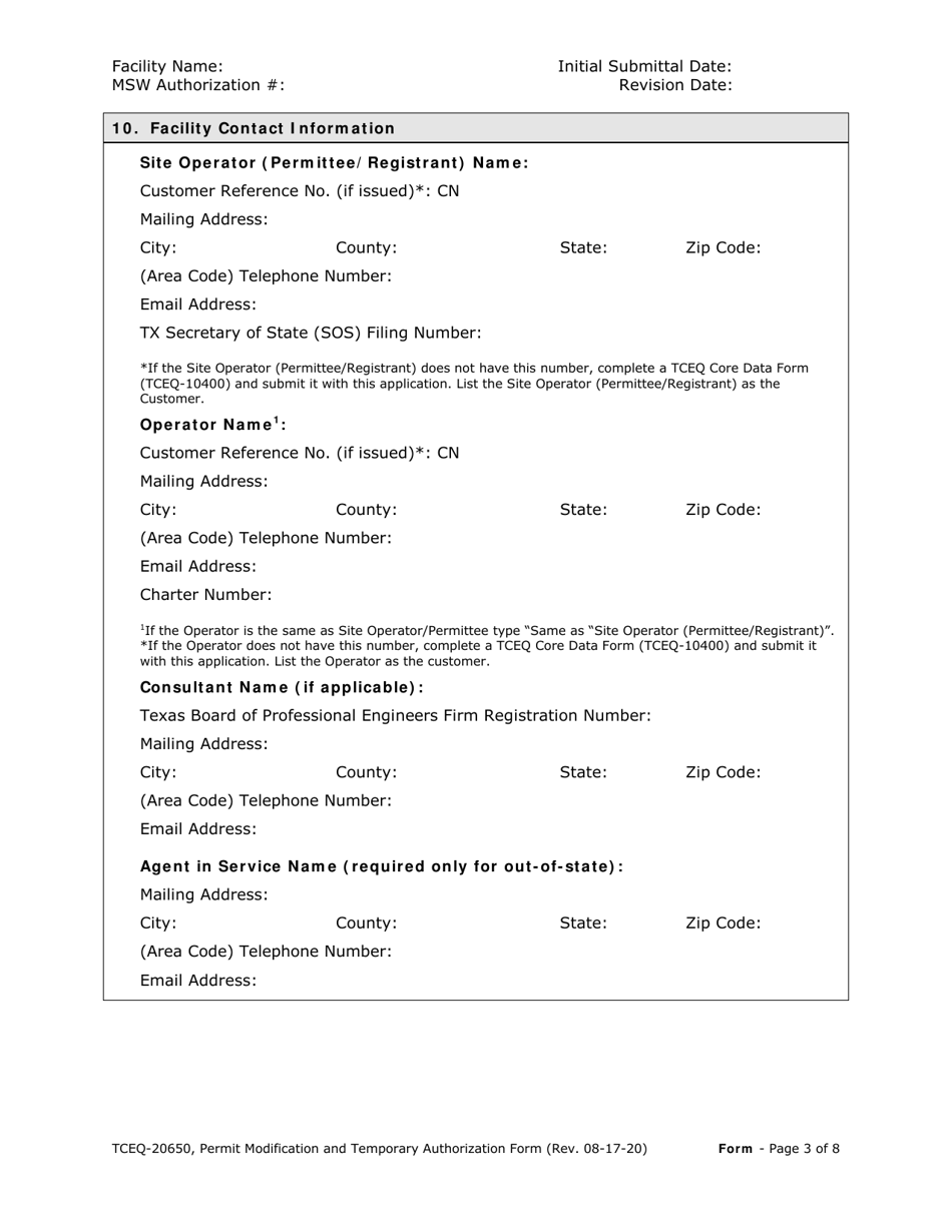 Form TCEQ-20650 Permit / Registration Modification and Temporary Authorization Application Form for an Msw Facility - Texas, Page 3