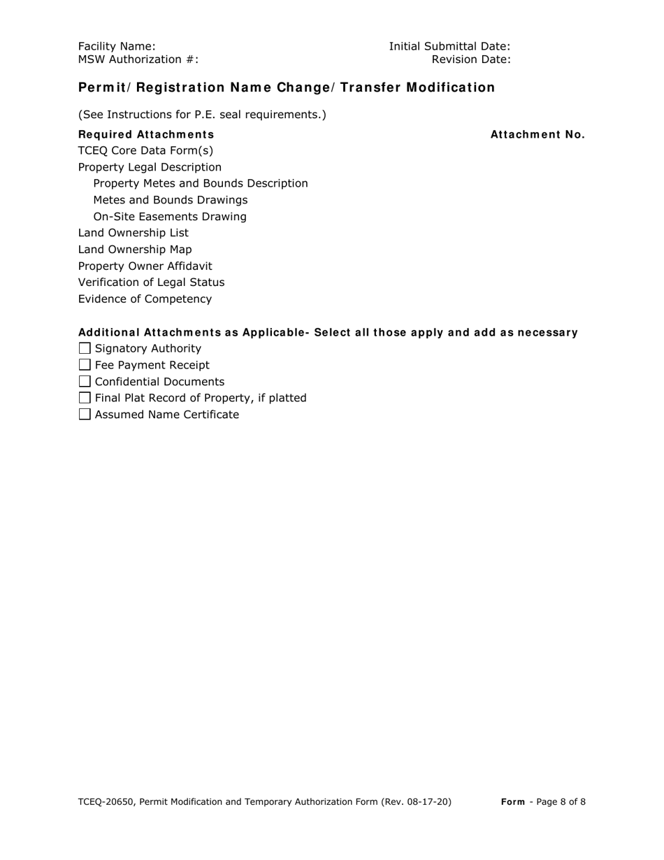 Form TCEQ-20650 Permit / Registration Modification and Temporary Authorization Application Form for an Msw Facility - Texas, Page 8