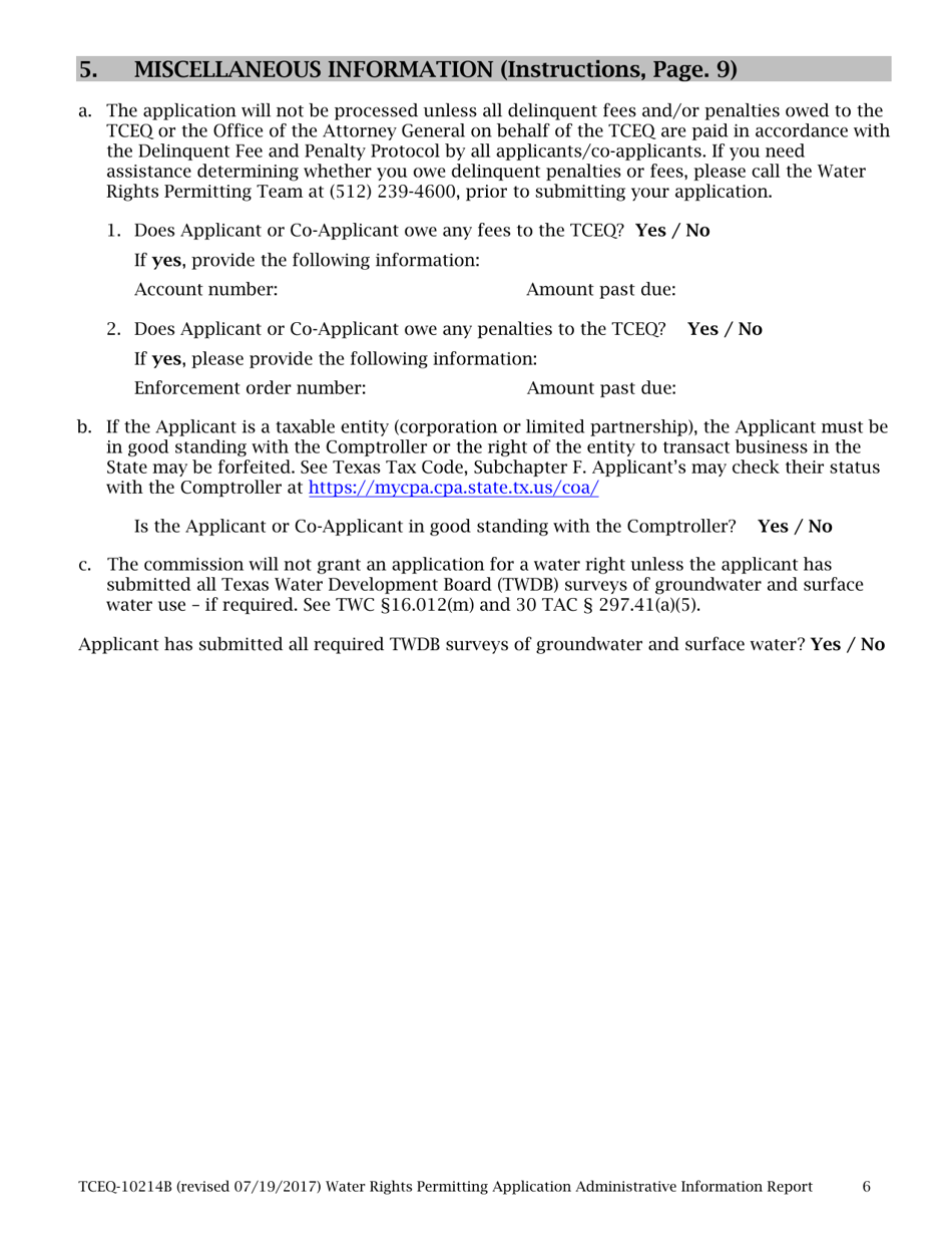 Form TCEQ-10214B Tceq Water Rights Permitting Application, Administrative Checklist - Texas, Page 6