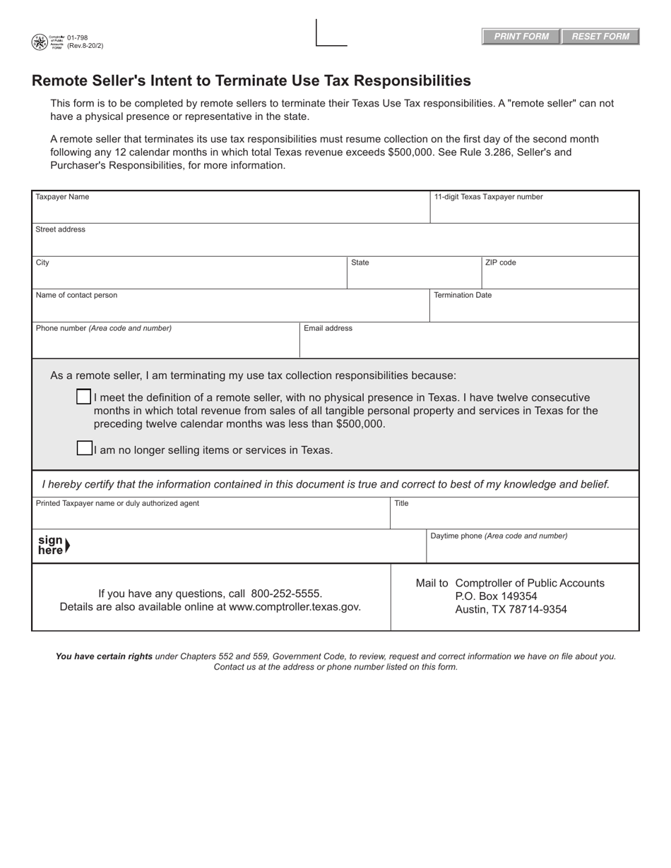 Form 01-798 Remote Sellers Intent to Terminate Use Tax Responsibilities - Texas, Page 1
