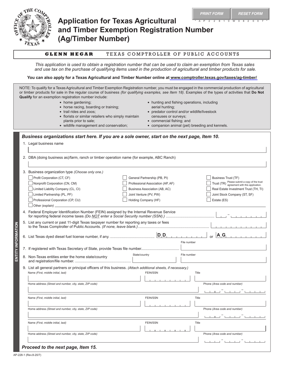 Form AP-228 Application for Texas Agricultural and Timber Exemption Registration Number (Ag / Timber Number) - Texas, Page 1