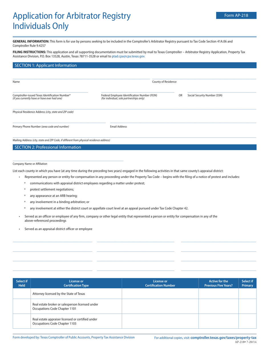 Form AP-218 Application for Arbitrator Registry - Individuals Only - Texas, Page 1