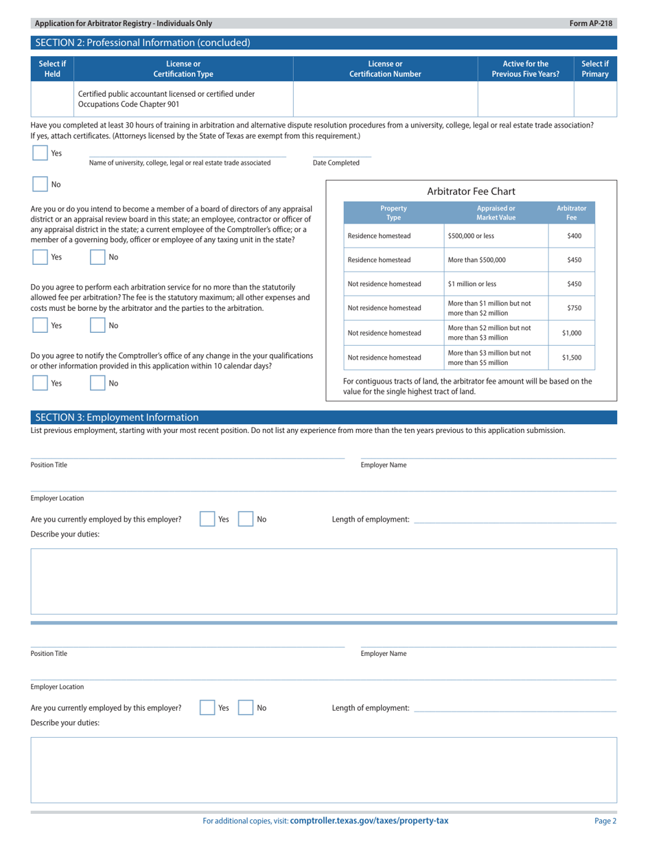 Form AP-218 Application for Arbitrator Registry - Individuals Only - Texas, Page 2