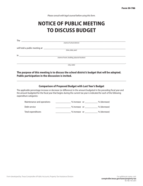 Form 50-786 Notice of Public Meeting to Discuss Budget - Texas