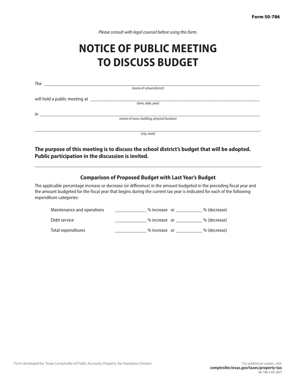 Form 50-786 Notice of Public Meeting to Discuss Budget - Texas, Page 1