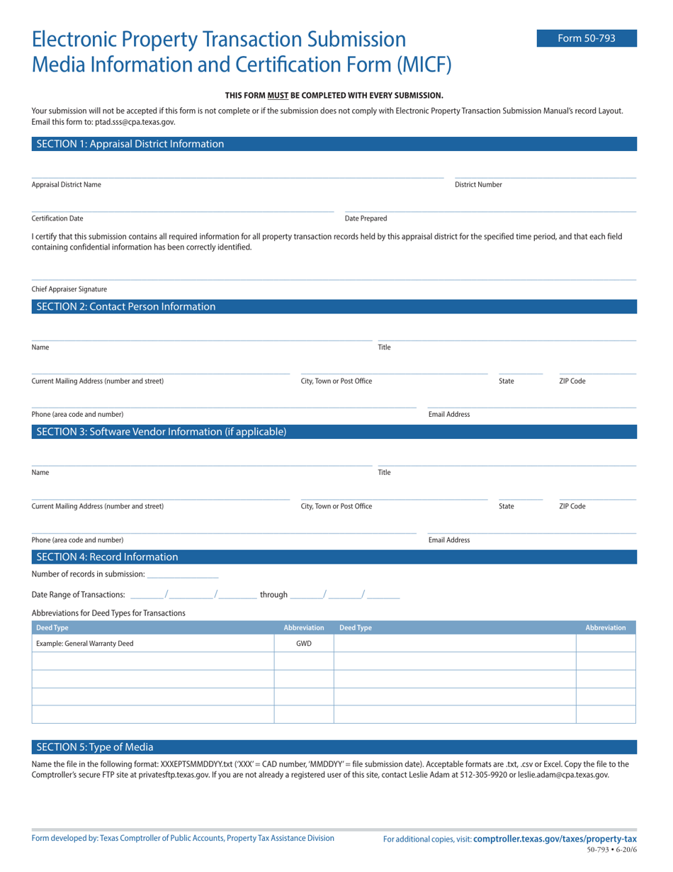 Form 50-793 Electronic Property Transaction Submission Media Information and Certification Form (Micf) - Texas, Page 1