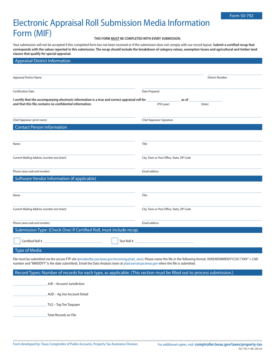 Form 50-792 Electronic Appraisal Roll Submission Media Information Form (Mif) - Texas, Page 1
