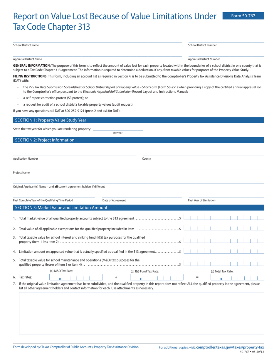 Form 50-767 Report on Value Lost Because of Value Limitations Under Tax Code Chapter 313 - Texas, Page 1