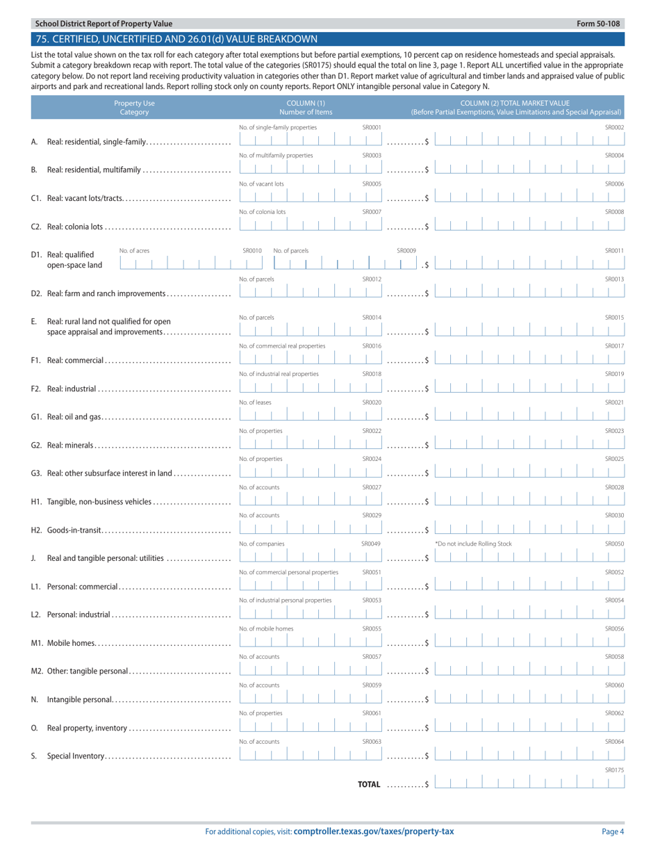 Form 50-108 School District Report of Property Value - Texas, Page 4
