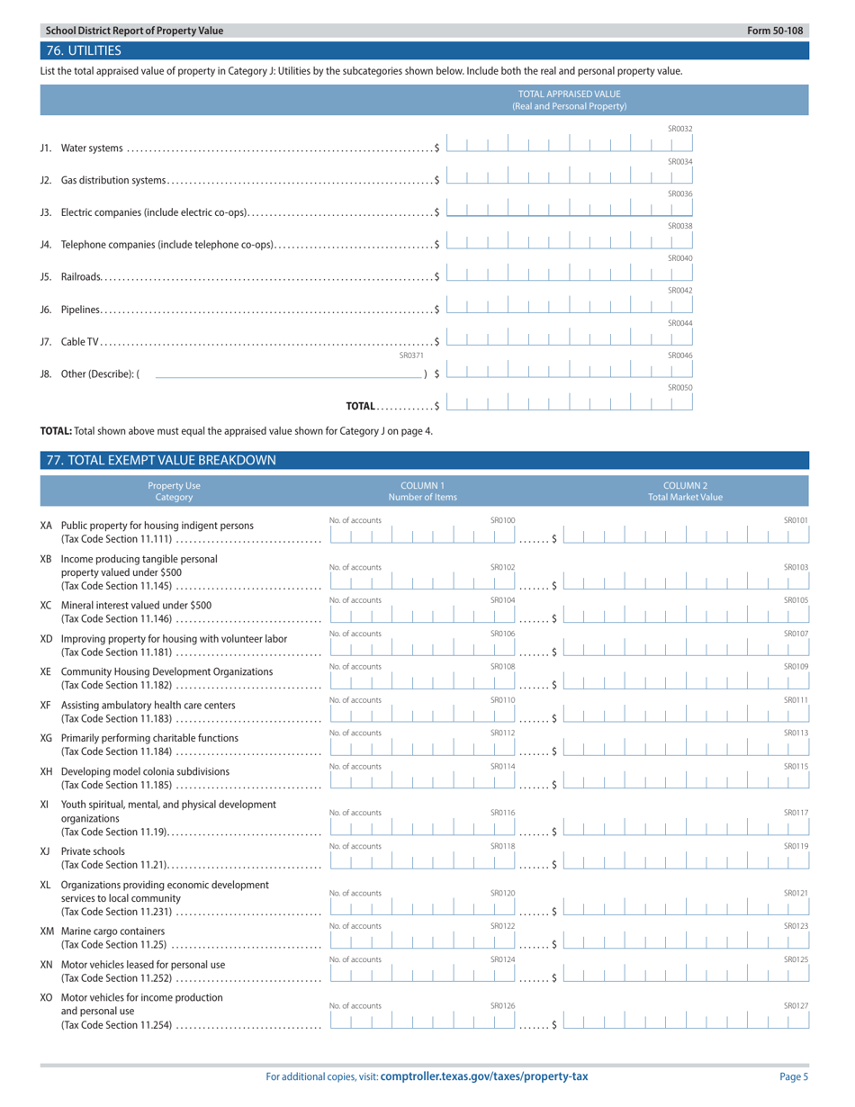 Form 50-108 School District Report of Property Value - Texas, Page 5