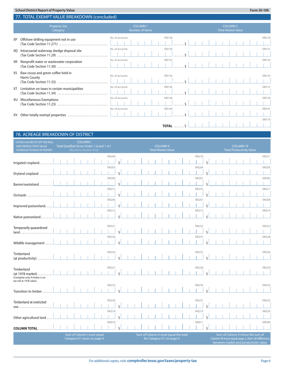 Form 50-108 School District Report of Property Value - Texas, Page 6