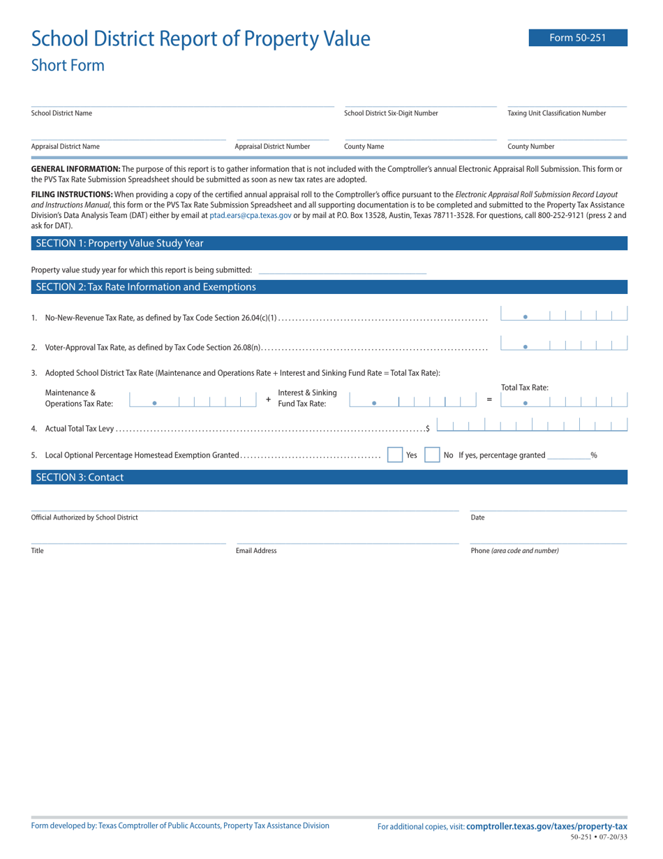 Form 50-251 School District Report of Property Value - Short Form - Texas, Page 1