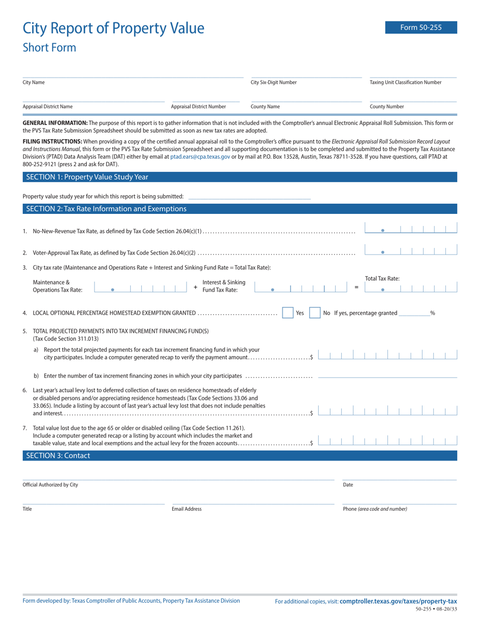 Form 50-255 City Report of Property Value - Short Form - Texas, Page 1