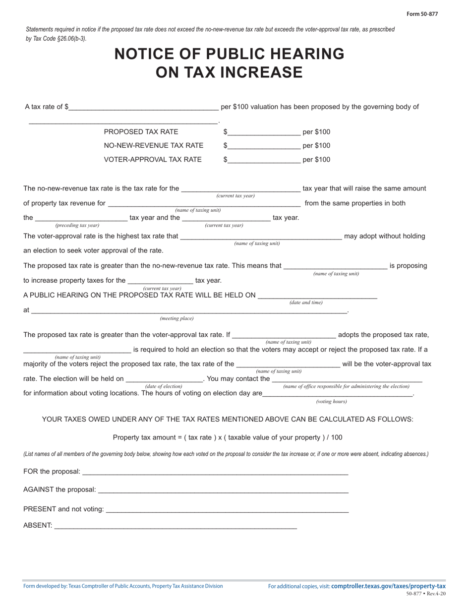 Form 50-877 Notice of Public Hearing on Tax Increase - Proposed Rate Does Not Exceed No-New-Revenue Tax Rate, but Exceeds Voter-Approval Tax Rate - Texas, Page 1
