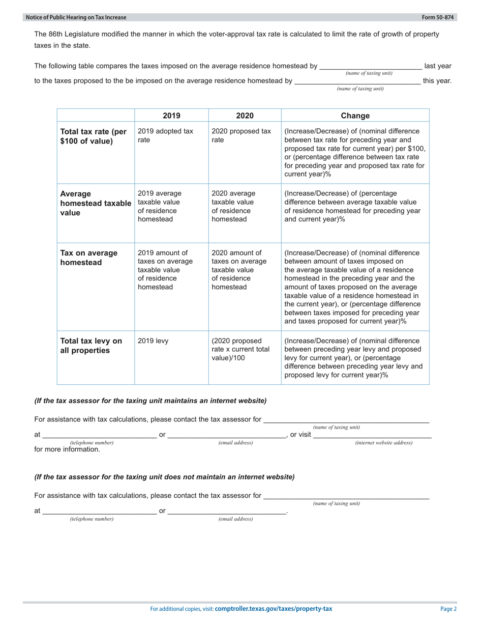 Form 50-874 Notice of Public Hearing on Tax Increase - Proposed Rate Greater Than Voter-Approval Tax Rate and De Minimis Rate - Texas, Page 2