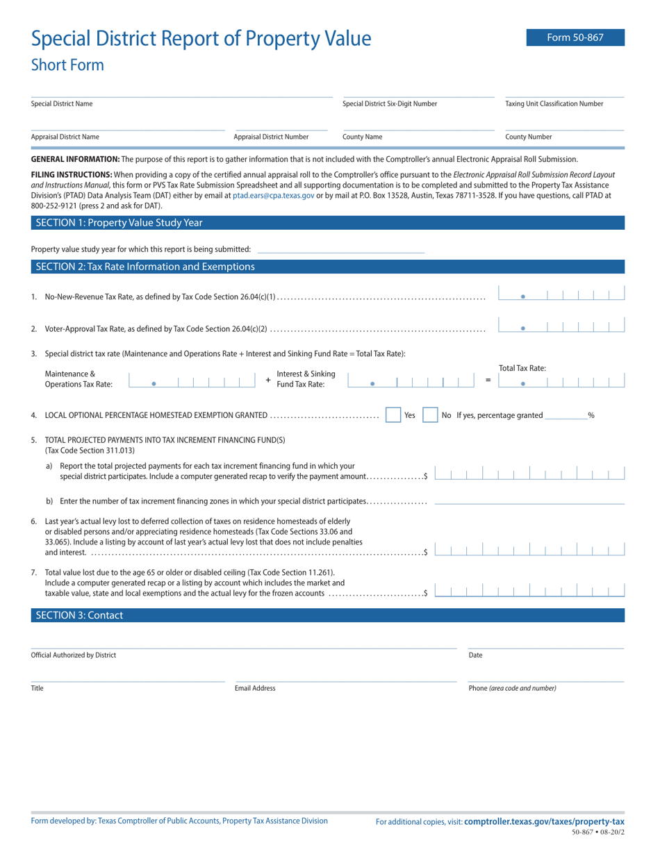 Form 50-867 Special District Report of Property Value - Short Form - Texas, Page 1