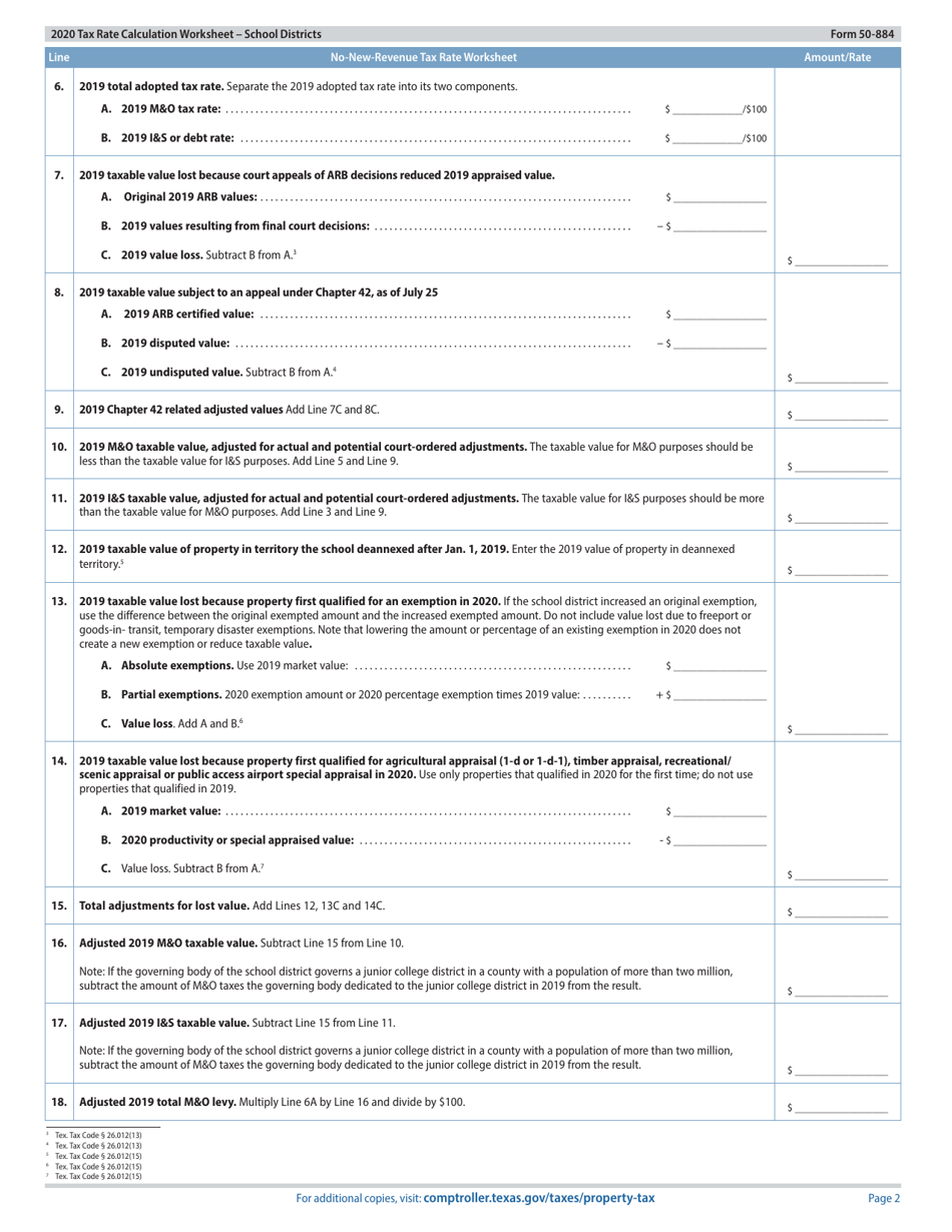 Form 50-884 Tax Rate Calculation Worksheet - School Districts With Chapter 313 Agreements - Texas, Page 2