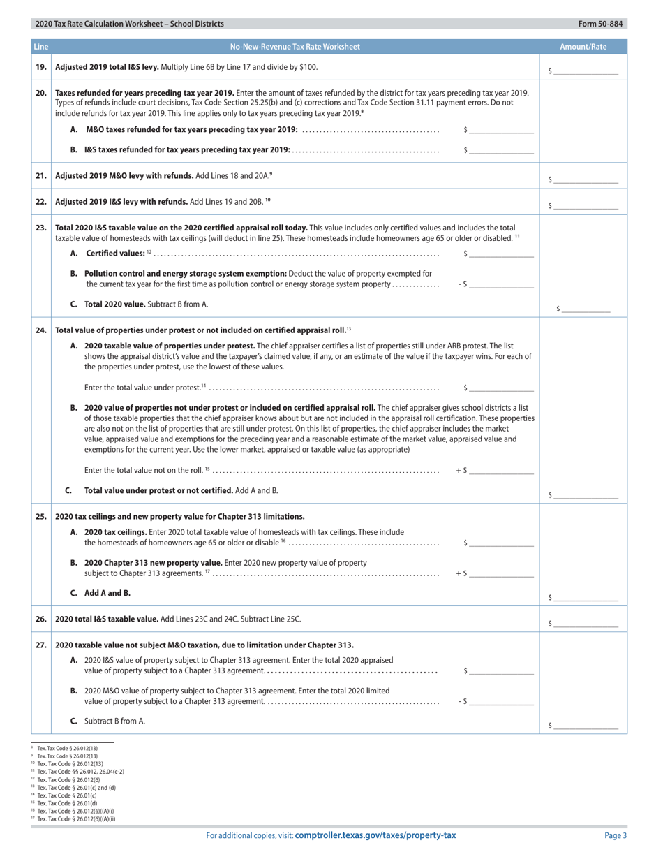 Form 50-884 Tax Rate Calculation Worksheet - School Districts With Chapter 313 Agreements - Texas, Page 3