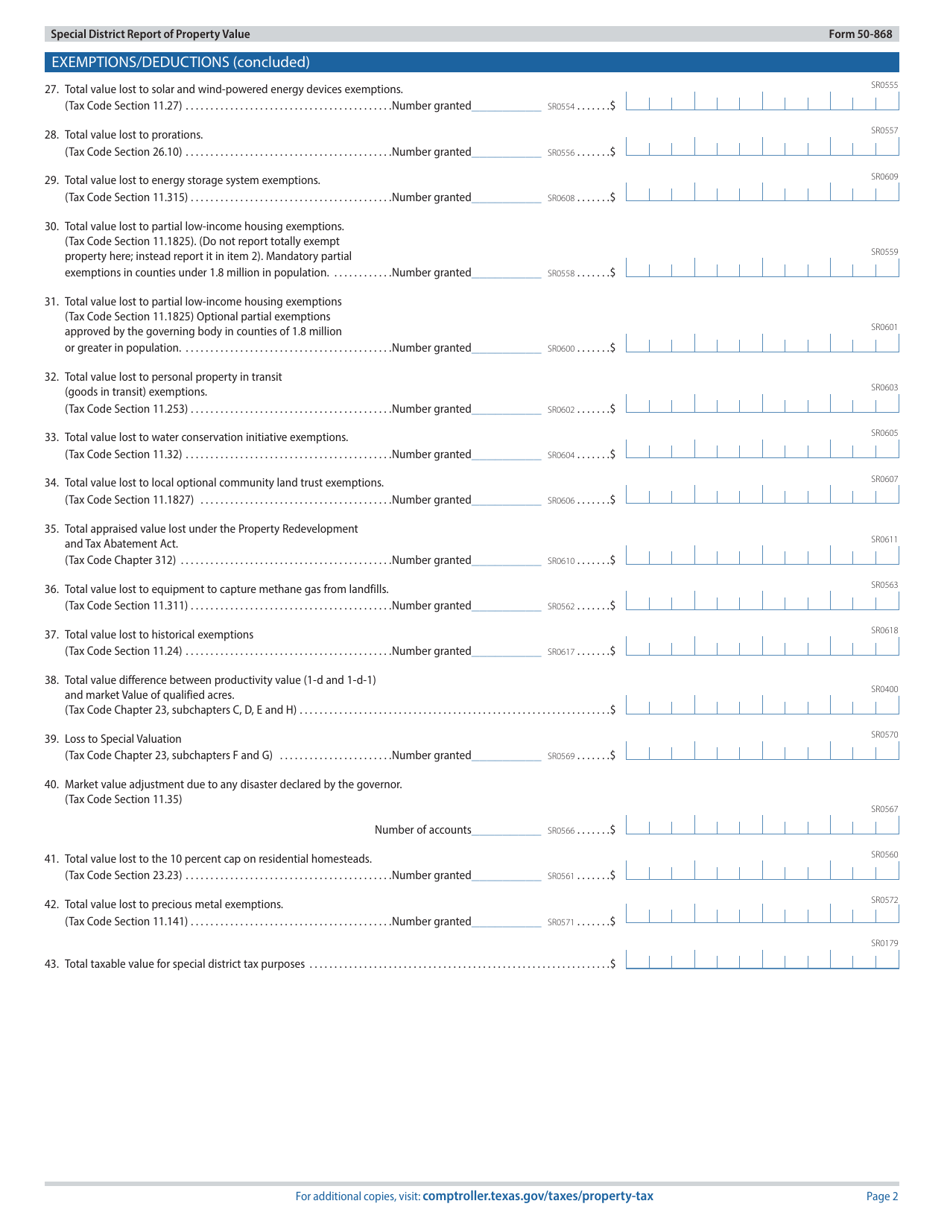 Form 50-868 Special District Report of Property Value - Texas, Page 2