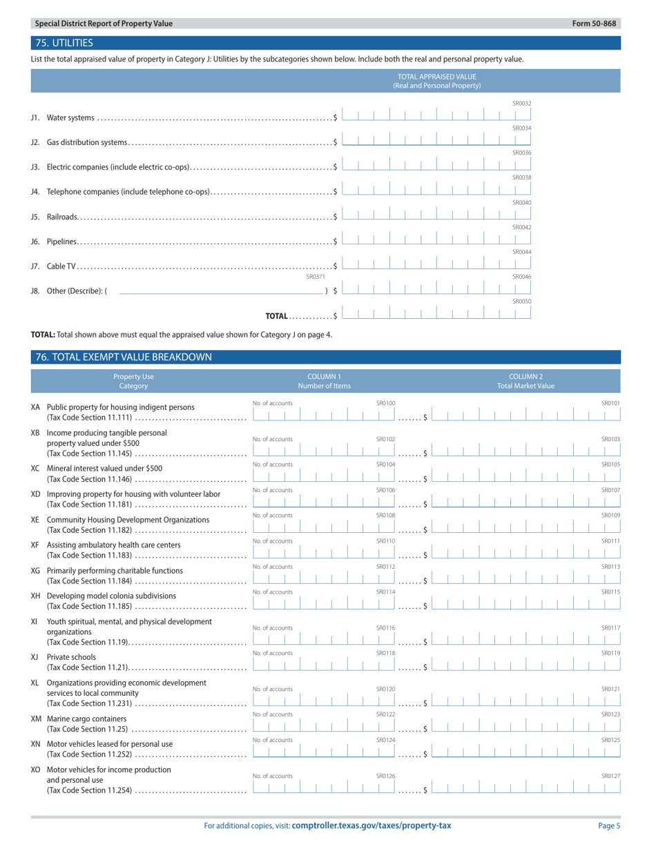 Form 50-868 Special District Report of Property Value - Texas, Page 5