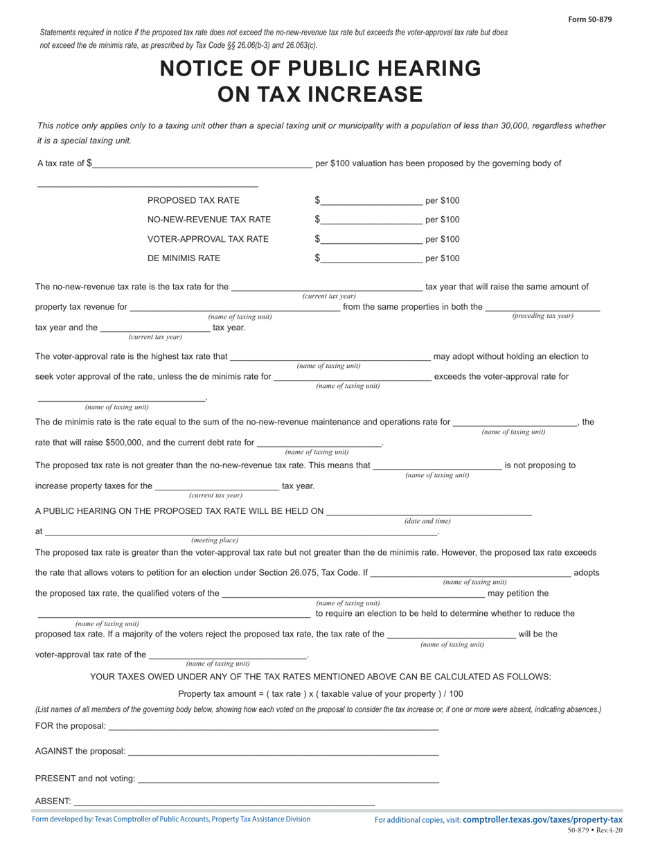 Form 50-879 Notice of Public Hearing on Tax Increase - Texas, Page 1