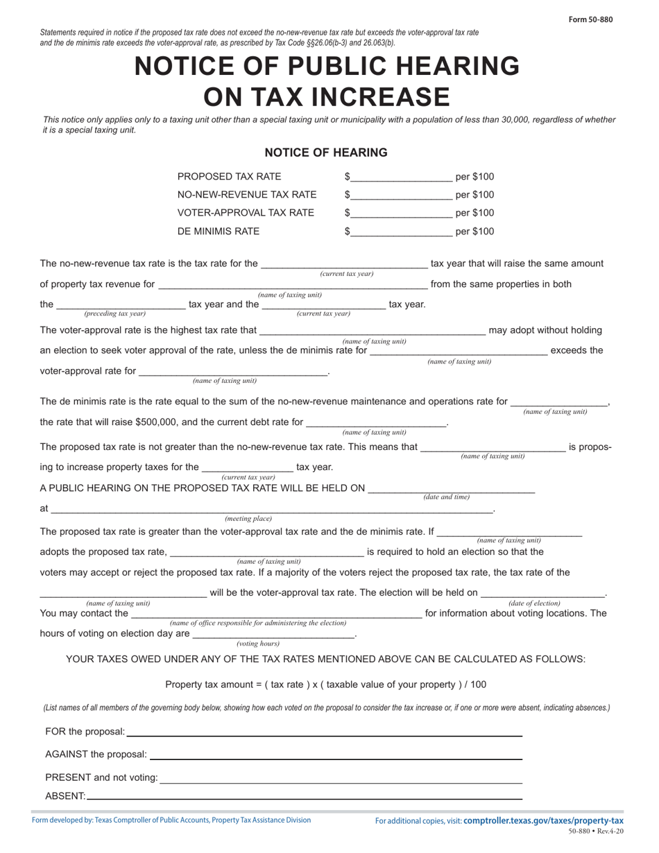 Form 50-880 Notice of Public Hearing on Tax Increase - Texas, Page 1