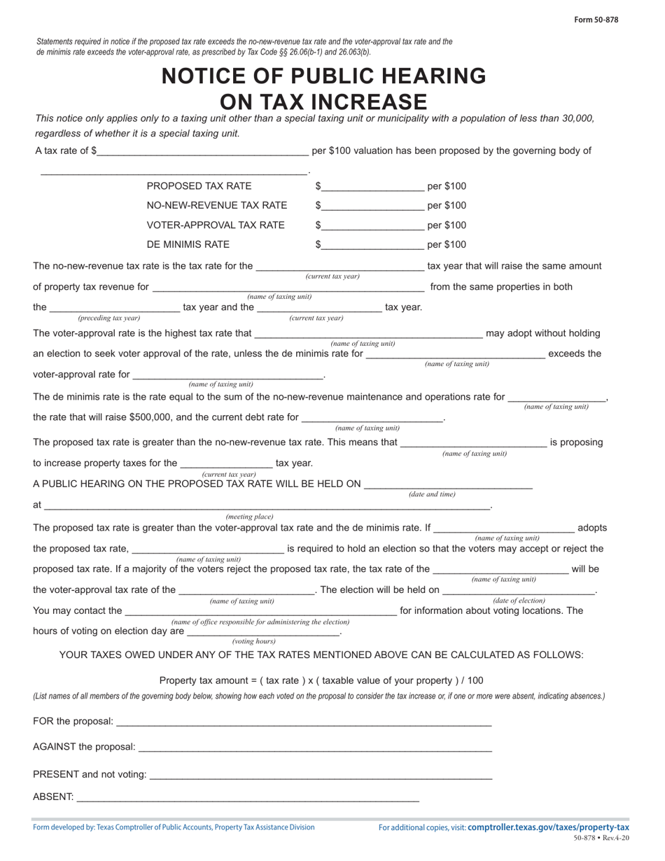 Form 50-878 Notice of Public Hearing on Tax Increase - Texas, Page 1