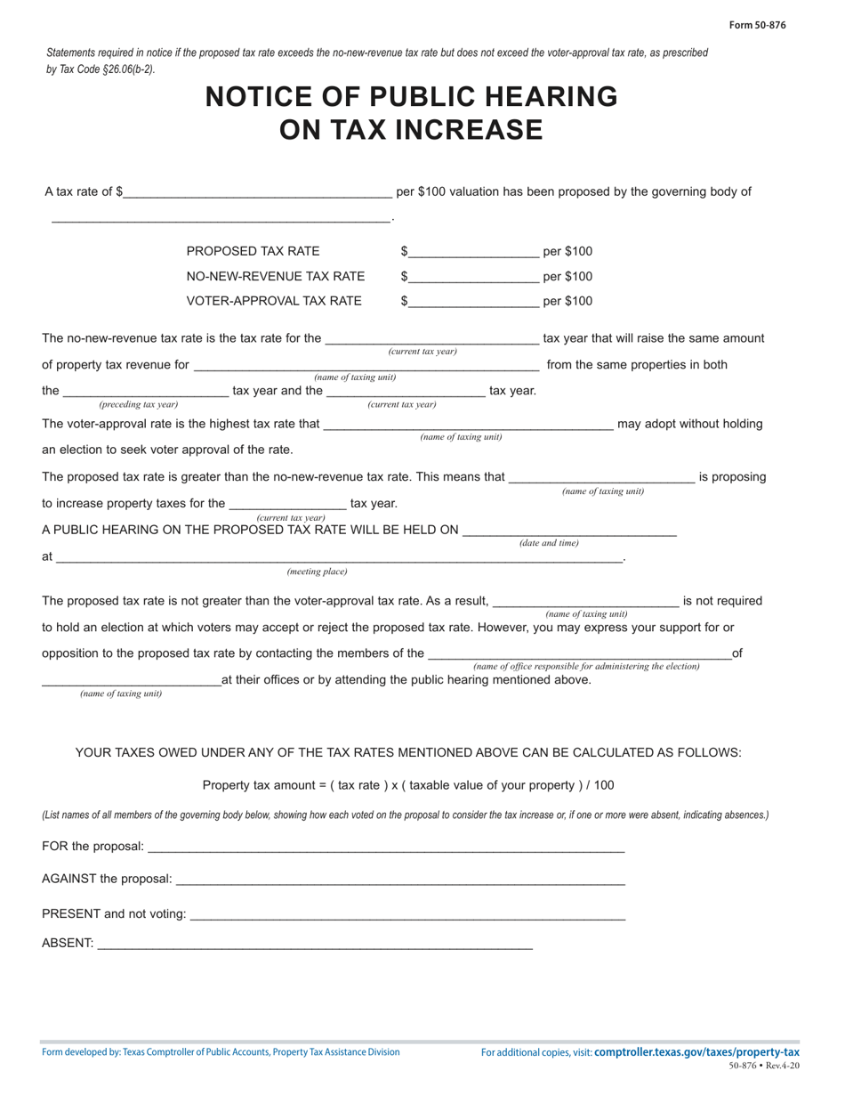 Form 50-876 Notice of Public Hearing on Tax Increase - Proposed Rate Exceeds No-New-Revenue, but Not Voter-Approval Tax Rate - Texas, Page 1