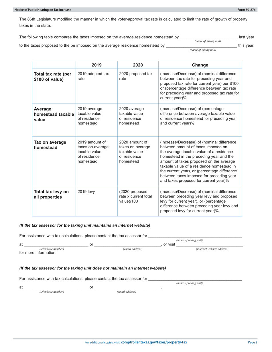 Form 50-876 Notice of Public Hearing on Tax Increase - Proposed Rate Exceeds No-New-Revenue, but Not Voter-Approval Tax Rate - Texas, Page 2