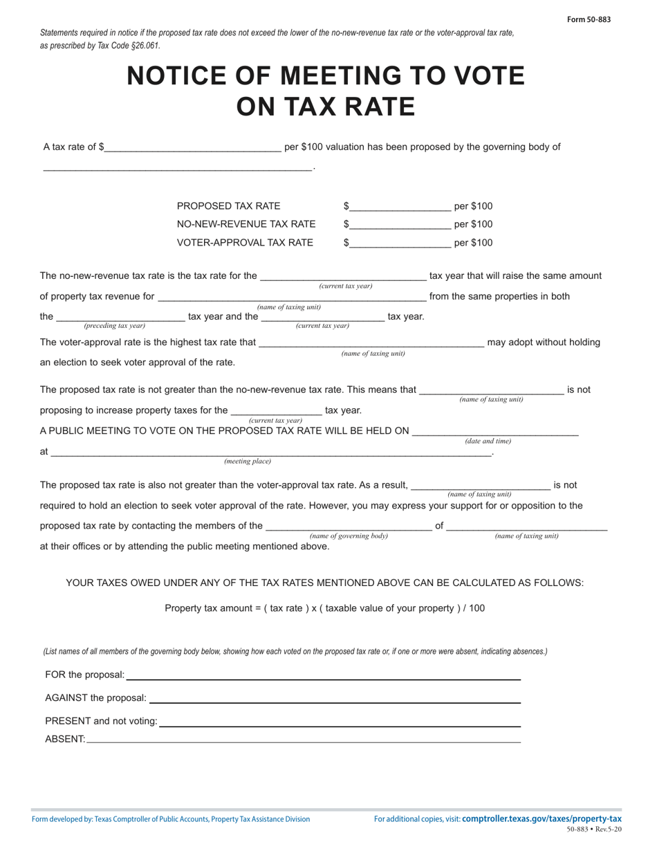 Form 50-883 Notice of Meeting to Vote on Tax Rate - Texas, Page 1