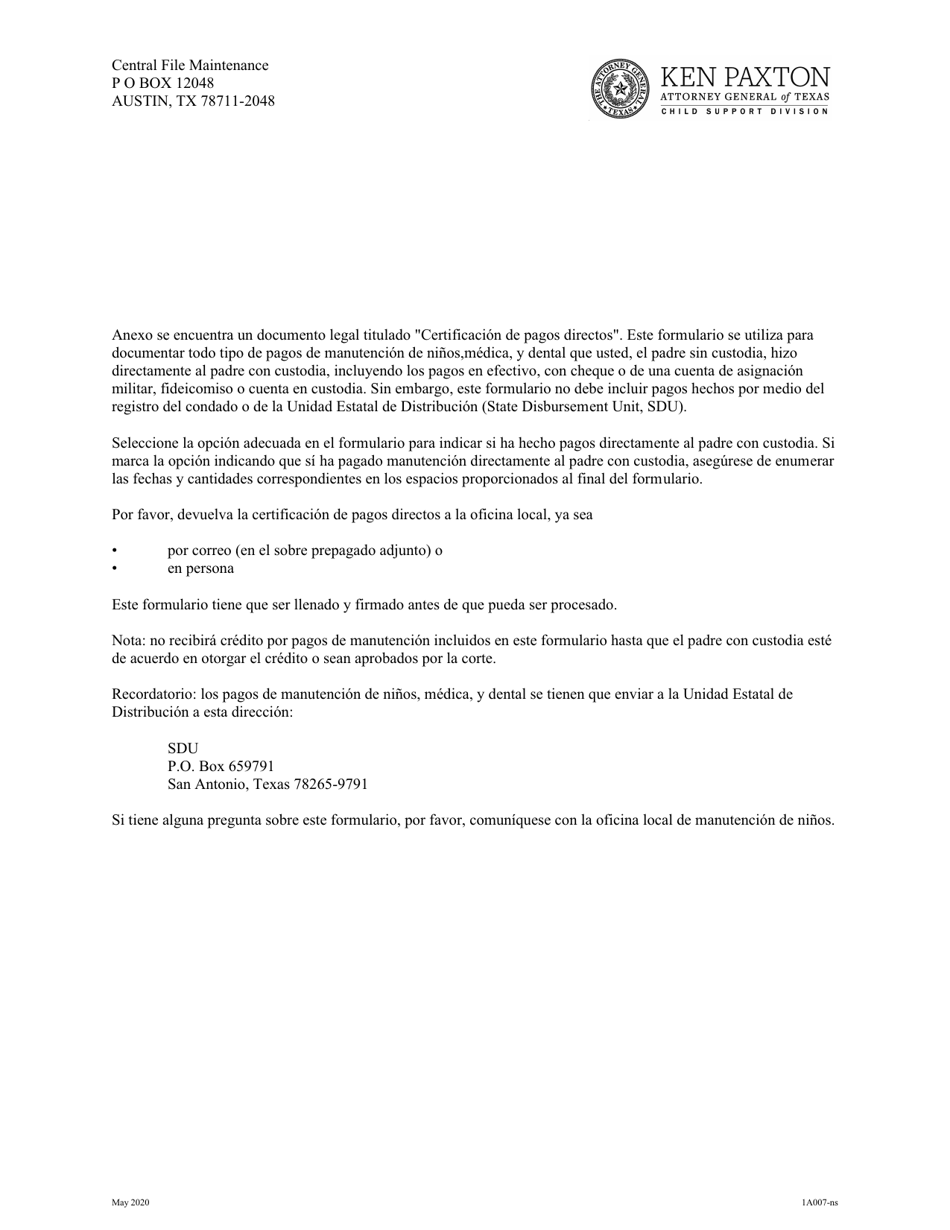 Formulario 1A007-NS Certificacion De Pagos Directos Del Padre Sin Custodia - Texas (Spanish), Page 1