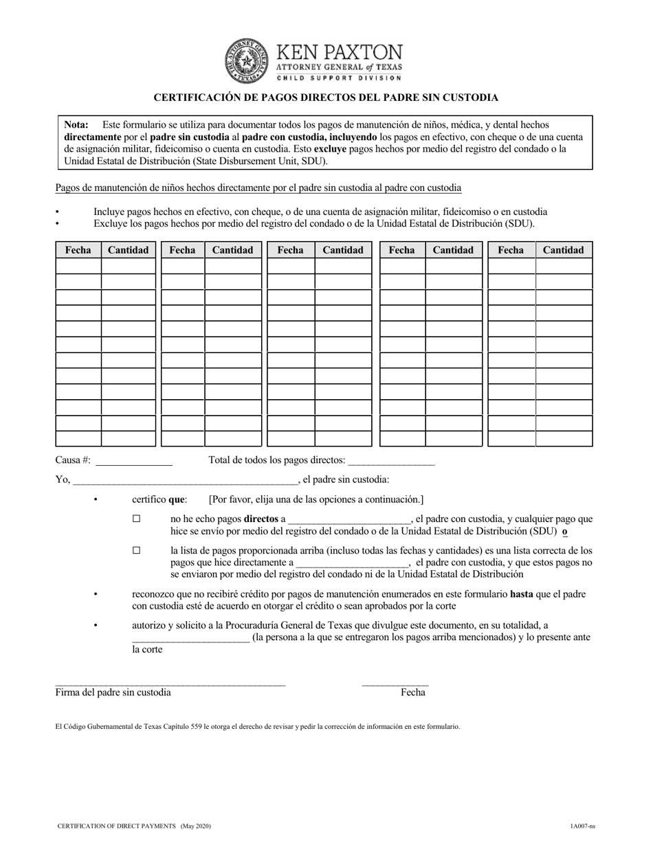 Formulario 1A007-NS Certificacion De Pagos Directos Del Padre Sin Custodia - Texas (Spanish), Page 2