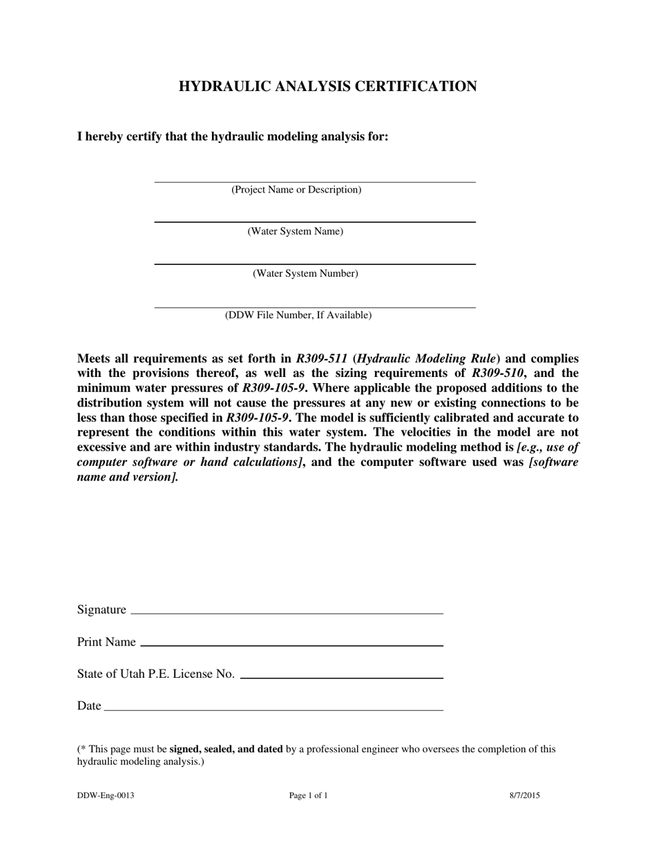 Form DDW-Eng-0013 Hydraulic Analysis Certification - Utah, Page 1