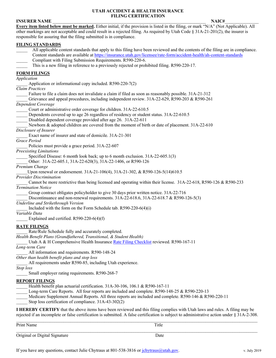 Utah Utah Accident & Health Insurance Filing Certification Fill Out