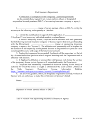 &quot;Certification of Compliance With Temporary License Requirements&quot; - Utah