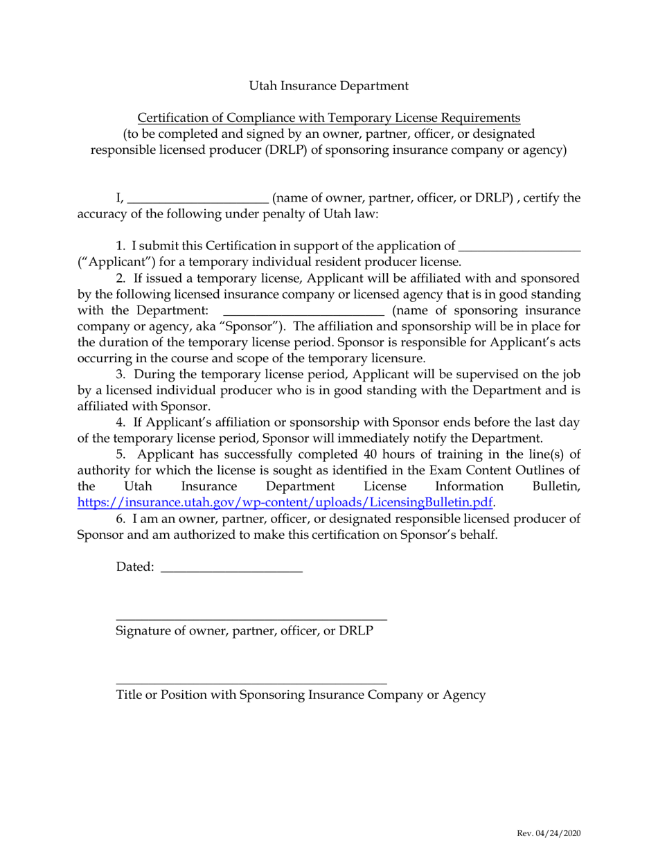 Certification of Compliance With Temporary License Requirements - Utah, Page 1