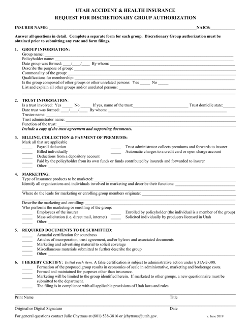 Utah Accident & Health Insurance Request for Discretionary Group Authorization - Utah Download Pdf