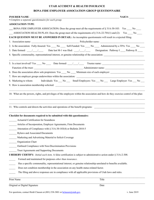 Utah Accident & Health Insurance Bona Fide Employer Association Group Questionnaire - Utah Download Pdf