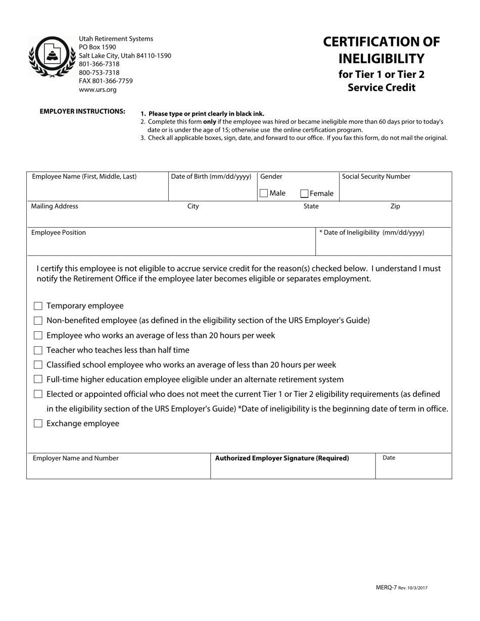 Form MERQ-7 Certification of Ineligibility for Tier 1 or Tier 2 Service Credit - Utah, Page 1