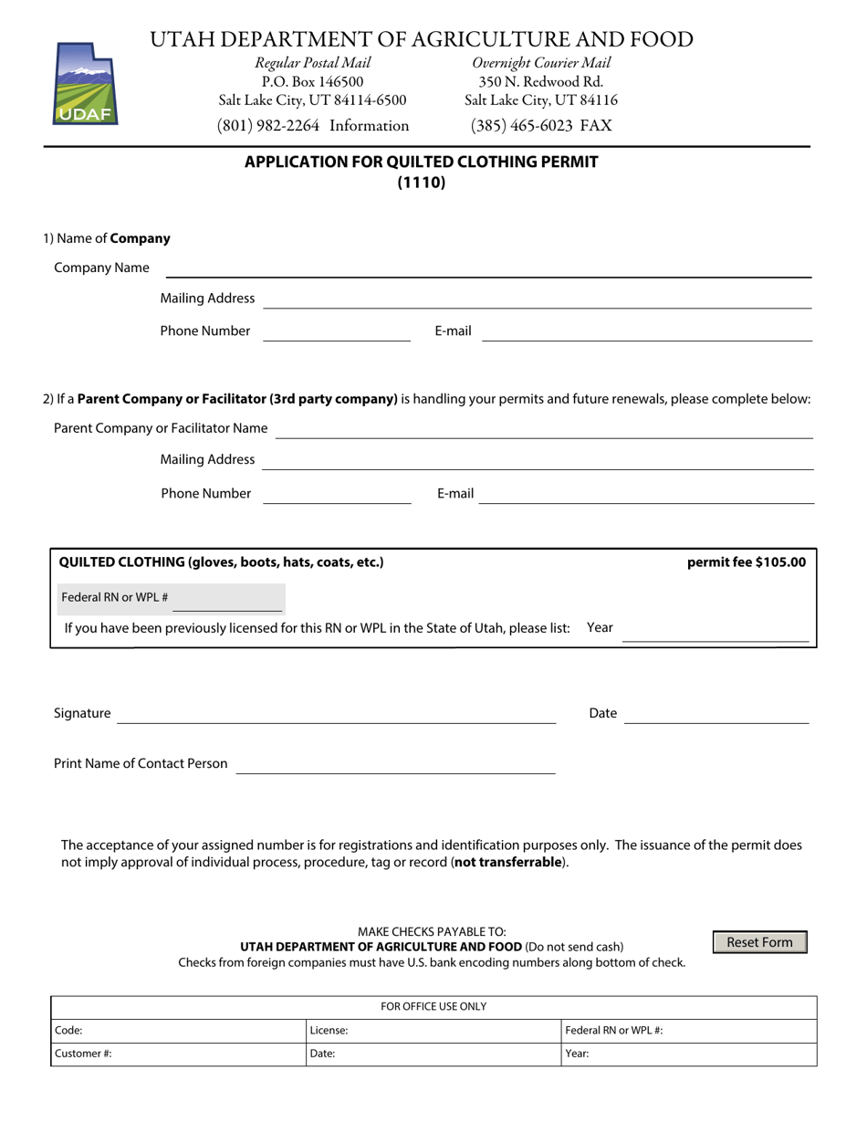 Application for Quilted Clothing Permit (1110) - Utah, Page 1