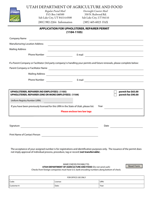 Application for Upholsterer, Repairer Permit (1104-1105) - Utah Download Pdf