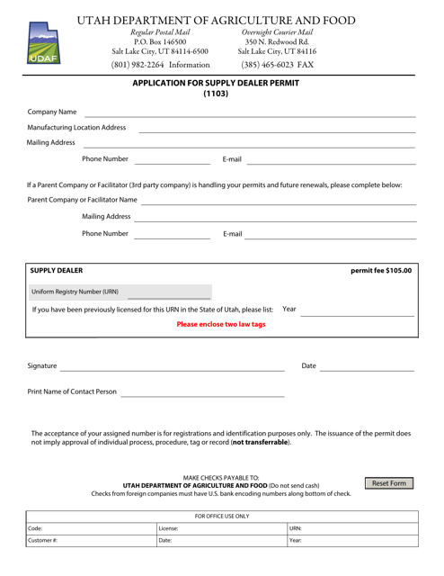 Application for Supply Dealer Permit (1103) - Utah Download Pdf
