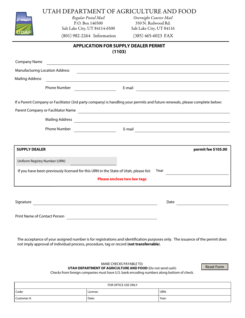 Utah Application for Supply Dealer Permit (1103) Download Fillable PDF