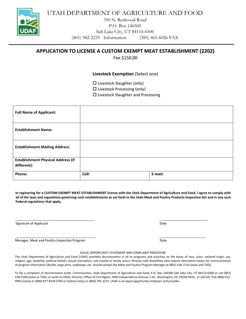 Application to License a Custom Exempt Meat Establishment (2202) - Utah Download Pdf