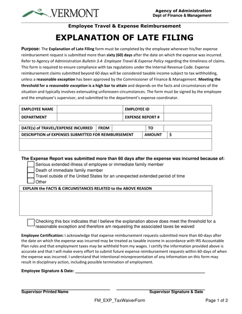 Explanation of Late Filing - Vermont Download Pdf